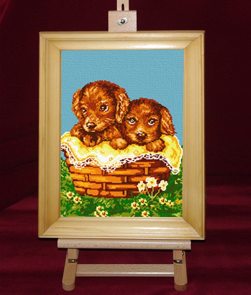 Cos cu catelusi - Set goblen cod produs: 10.27Culori: 17 Dimensiune: 13 x 18 cm
